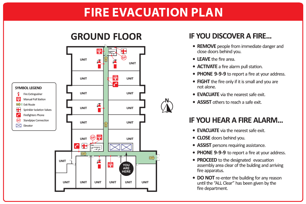 Fire evacuation plan with escape routes and assembly points