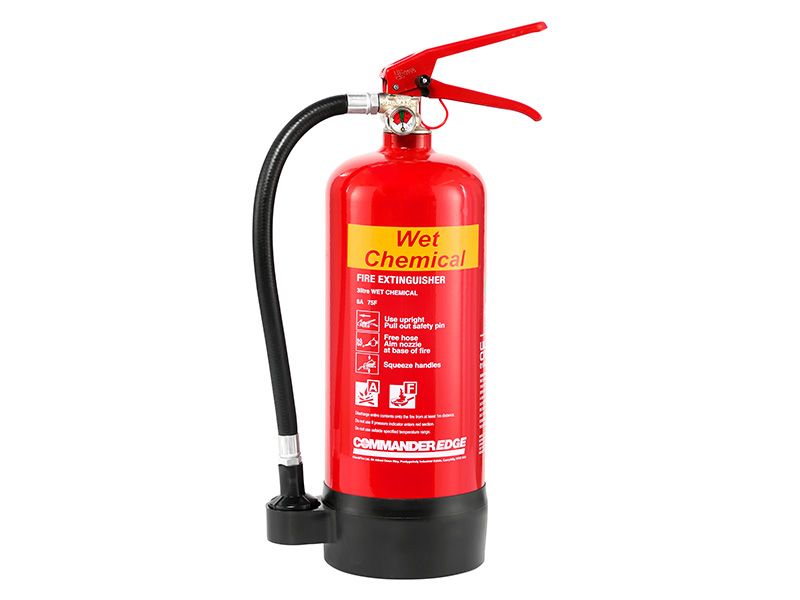 Yellow-labelled wet chemical fire extinguisher for Class F cooking-oil fires