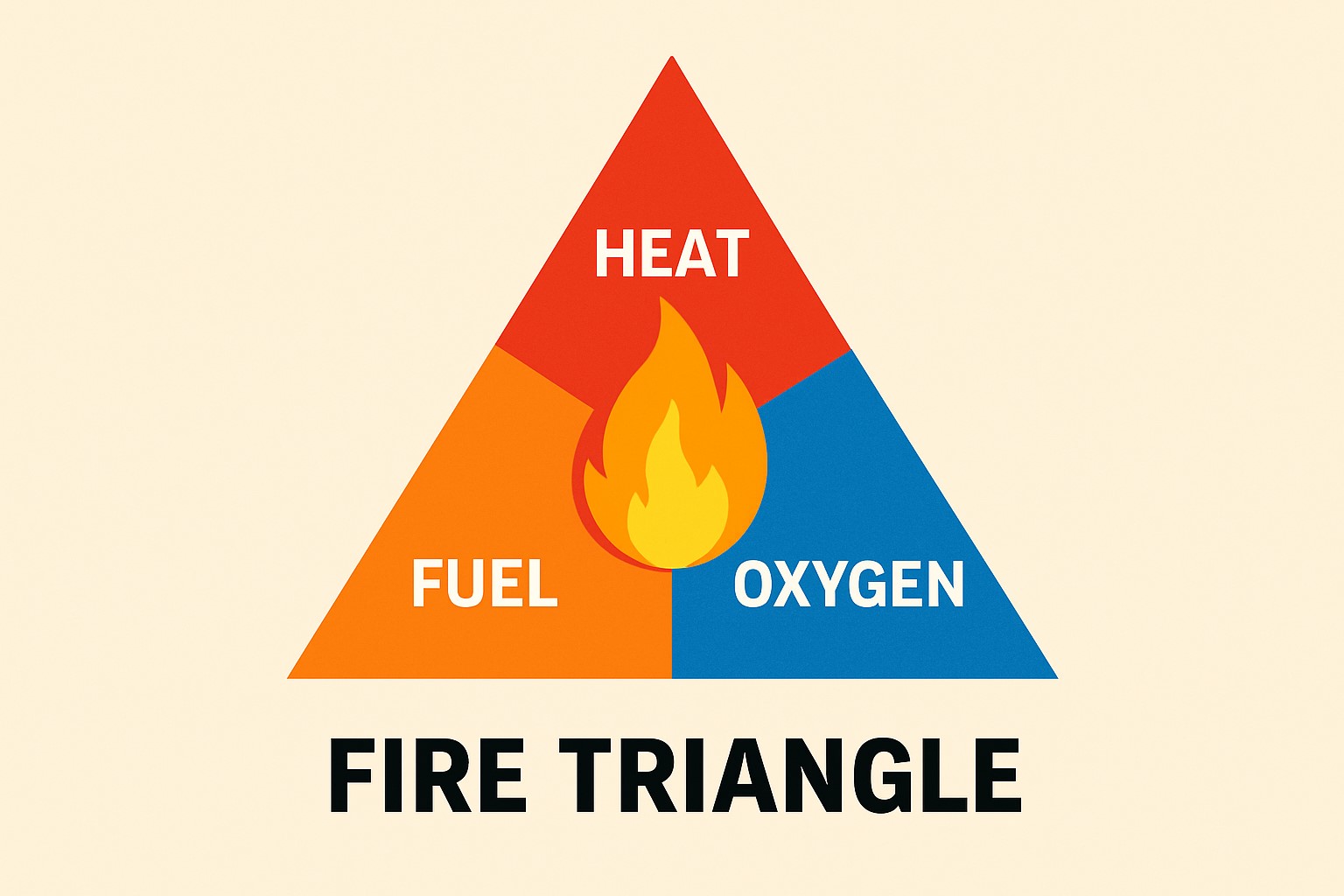 The fire triangle — fuel, heat and oxygen — illustrating how to stop combustion